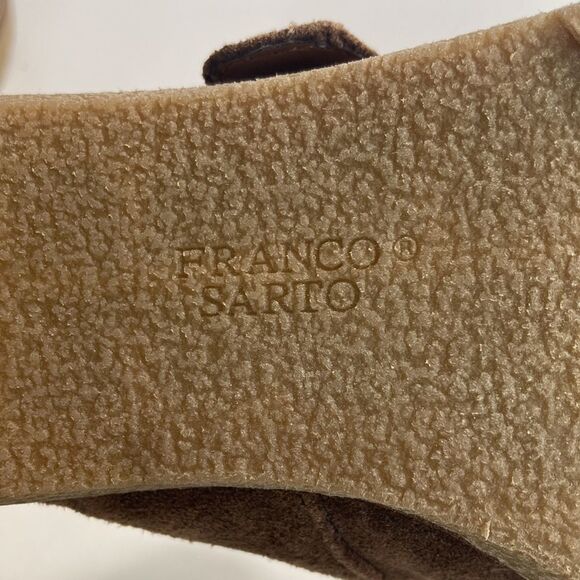 Franco Sarto Brown Suede Gold Buckle Boho Bohemian Heeled Mules Clogs Size 9.5 - Picture 10 of 11